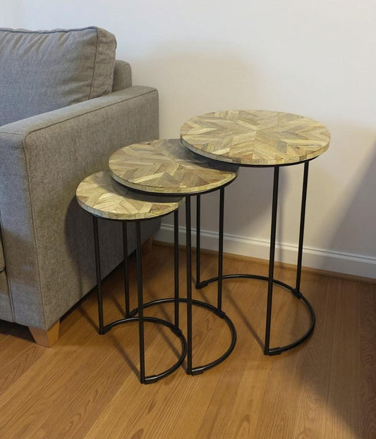 Set of Two Natural and Black Solid Wood and Metal Round Frame Nested Tables-0