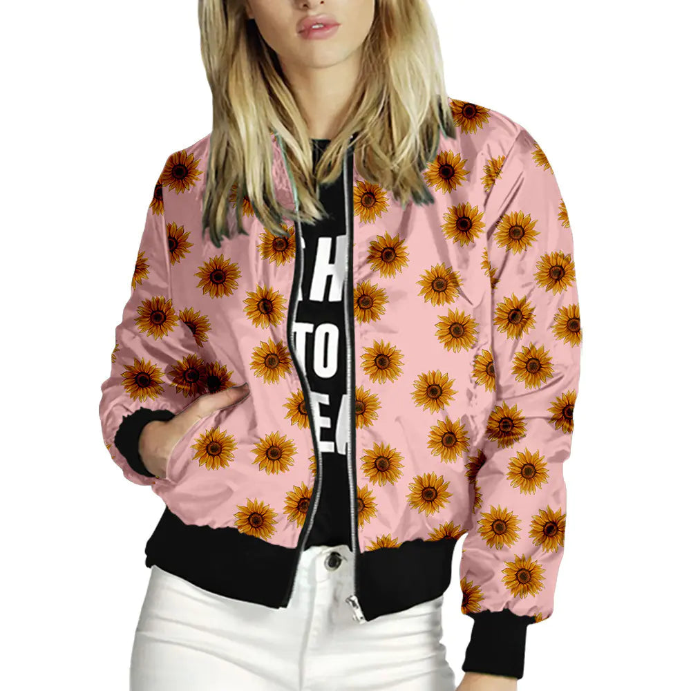 Floral Women’s Bomber Jacket – Lightweight Long Sleeve Spring Summer Coat