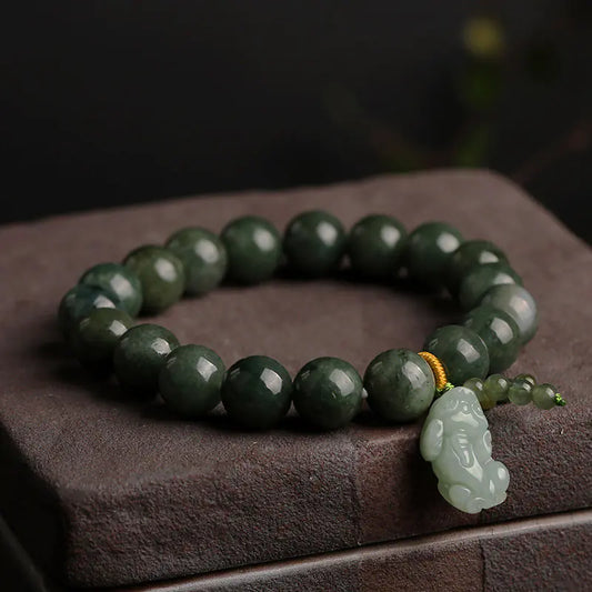 Natural Jade Bracelet with Pixiu Pendant for Men and Women