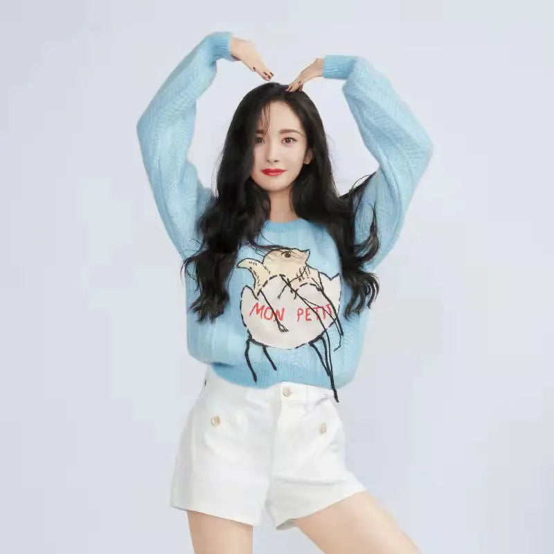 Blue Cartoon Knitted Jacket for Women - Spring Pullover