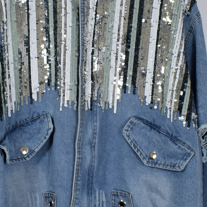 Striped Mid-Length Denim Jacket for Women – Casual Jean Coat