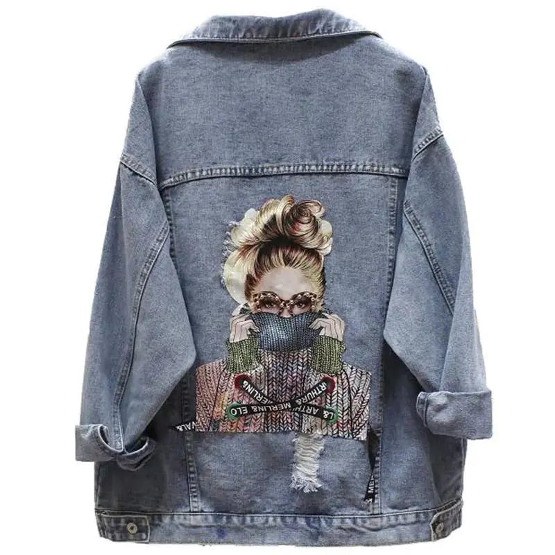 Chic Beaded Print Short Denim Jacket for Women – Stylish Cropped Jean Coat