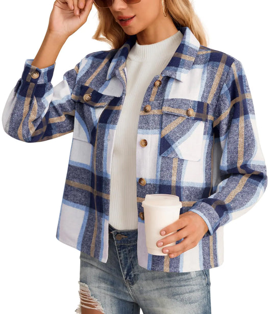 Women’s Cropped Plaid Shacket – Flannel Button Down Fall Jacket with Pockets