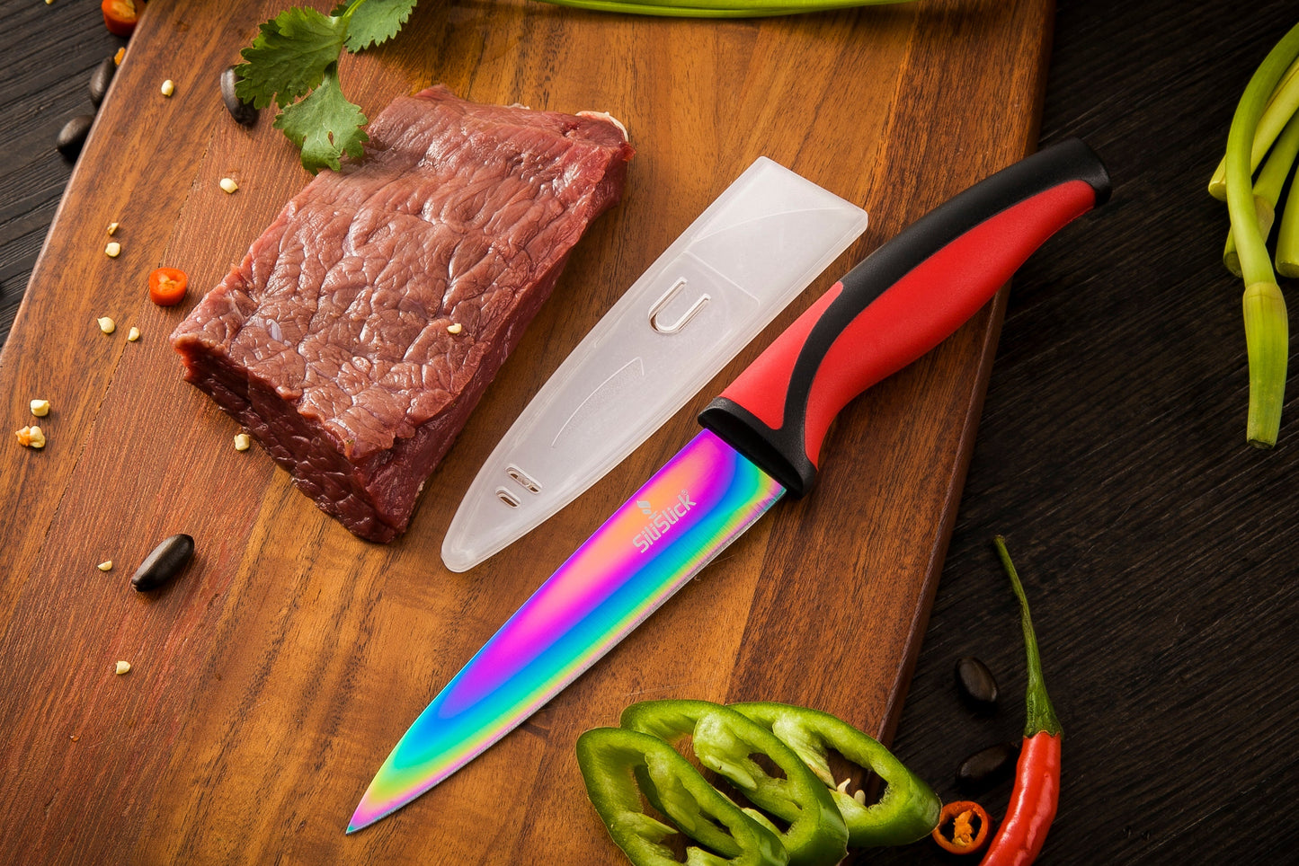5-Piece Kitchen Knife Set – Red Handle + Magnetic Black Holder | Chef, Santoku & Utility