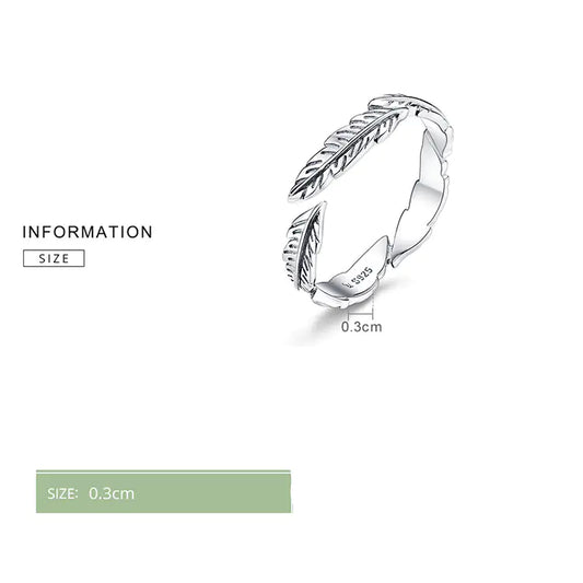 White Feather Open Ring, S925 Sterling Silver Ring