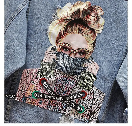 Chic Beaded Print Short Denim Jacket for Women – Stylish Cropped Jean Coat