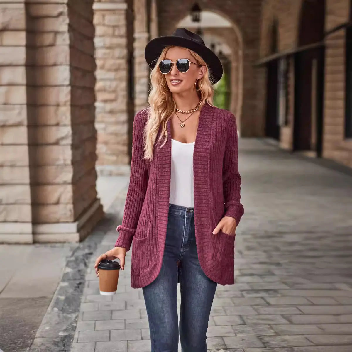 2023 Autumn New Solid Color Striped Long Sleeve Cardigan