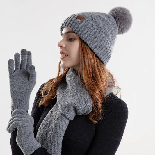 Women's Winter Knitted Wool Hat Scarf Glove Set (3 Pieces)