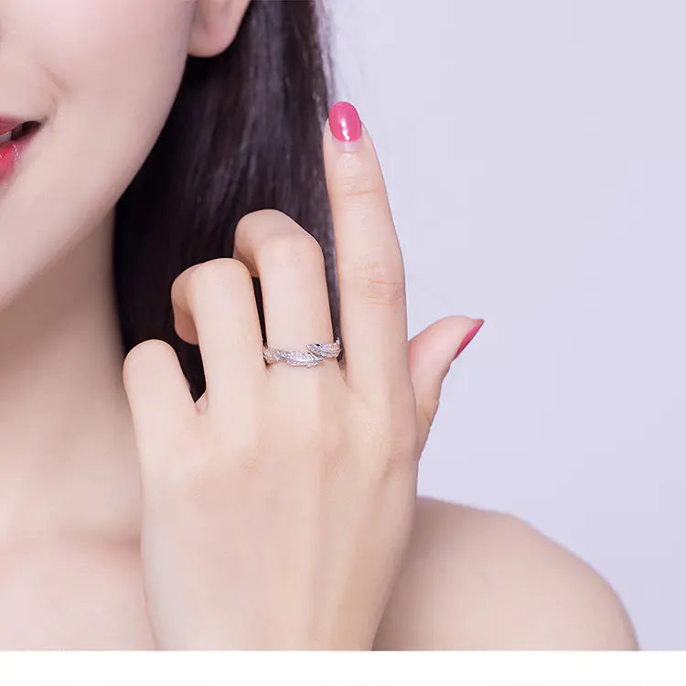 White Feather Open Ring, S925 Sterling Silver Ring