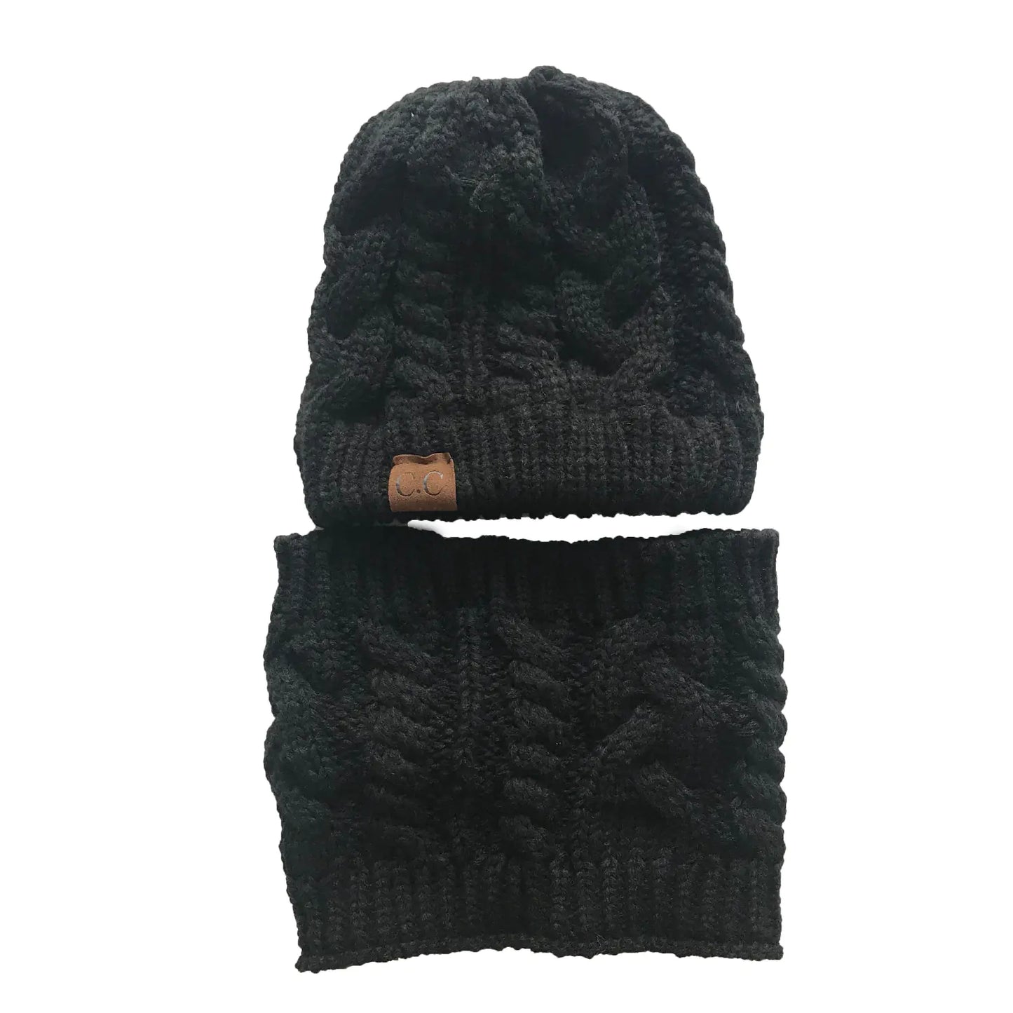 Scarf Set with Ponytail Hat and Knitted Beanie