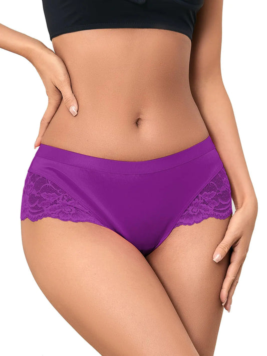 Milumia Women Sexy Lace Satin Silk Panties Underwear Mid Waist Breathable Bikini Briefs Fuchsia Purple Small
