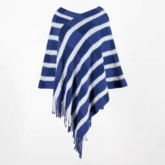V-Neck Striped Fringe Shawl Knit Sweater Cape