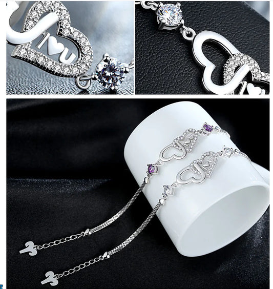 925 Sterling Silver Double Heart Bracelet with Crystals – Romantic Jewelry Gift for Her