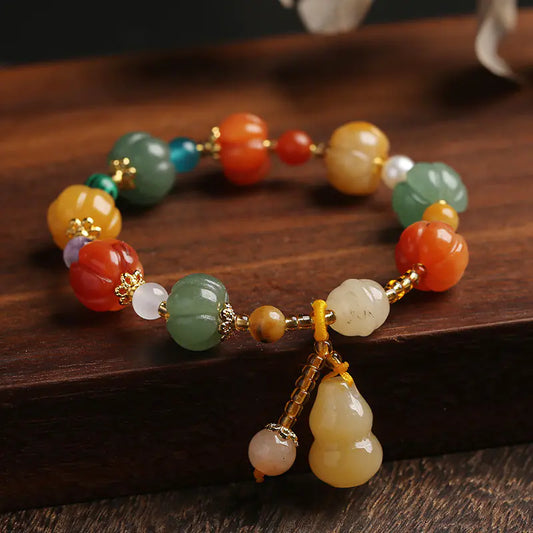 Natural Gold Filigree Jade Pumpkin Bead Bracelet