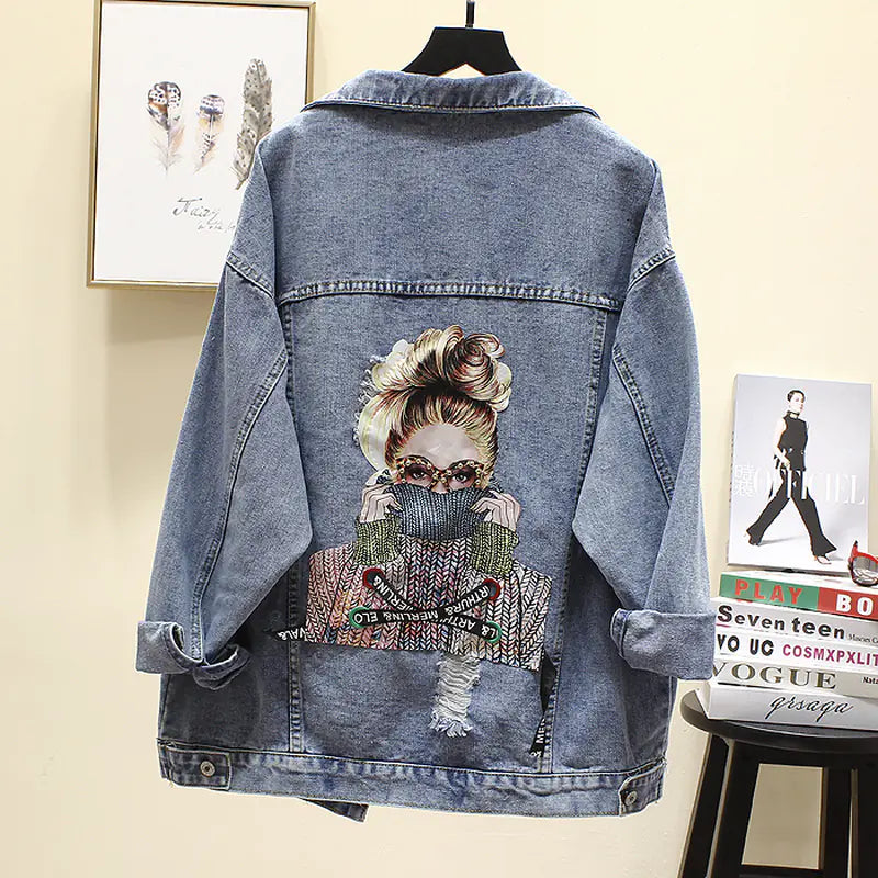 Chic Beaded Print Short Denim Jacket for Women – Stylish Cropped Jean Coat