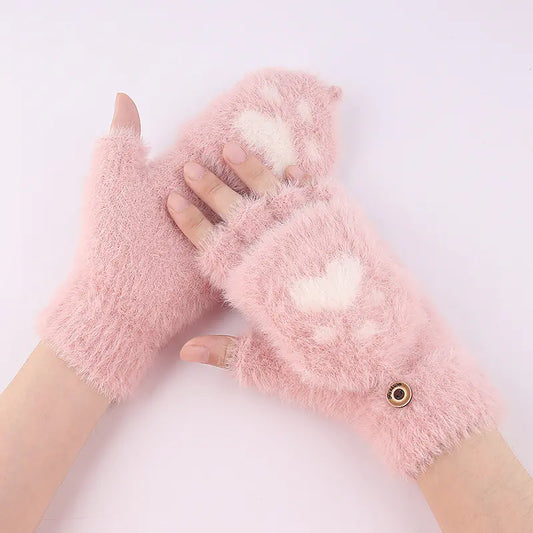 Winter Cat Claw Half-Finger Knitted Gloves for Women