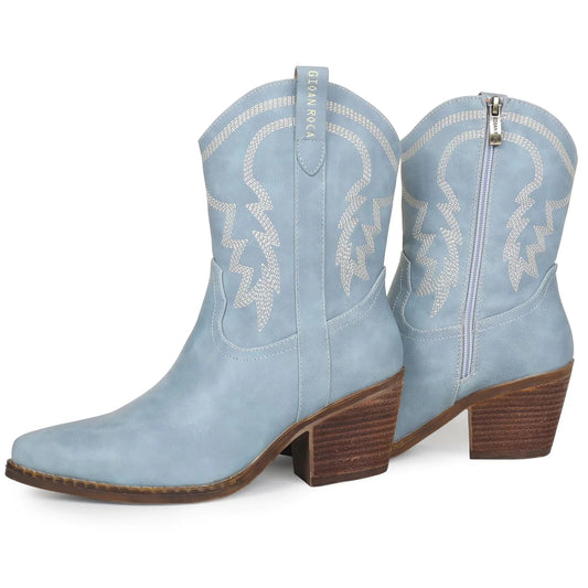gioanroca Western Cowgirl Ankle Boot for Women with Embroidered Comfy Fashion Vintage Boot Wide Calf Horse Riding Pointed Toe Cowgirl Short Booties (Light Blue 9)