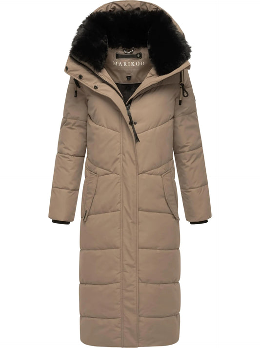 Marikoo Extra Long Quilted Winter Jacket for Women with Detachable Hood | Puffy Coat in Calf-Length | Hingucker XIV Taupe Grey L