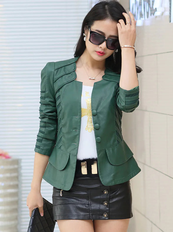 Slim Fit Lace and PU Leather Short Jacket for Women