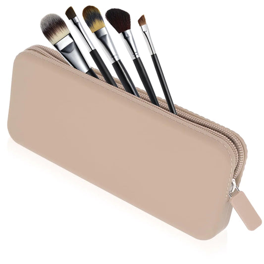 Travel Makeup Brush Holder – Silicone Zipper Organizer Pouch Khaki