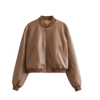 WOLFF Vintage PU Leather Bomber Jacket for Women