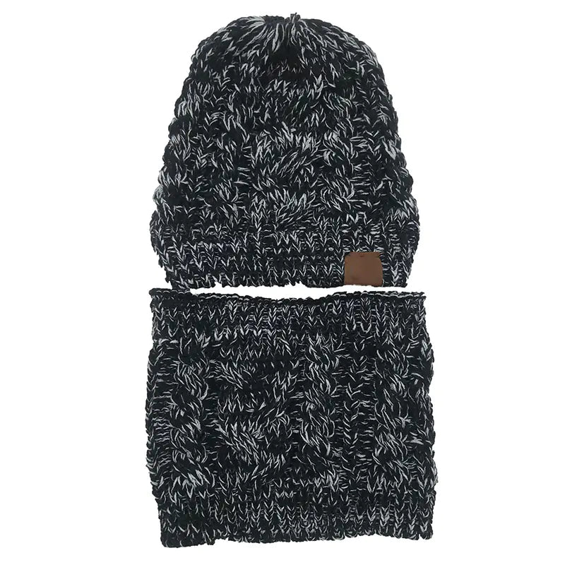 Scarf Set with Ponytail Hat and Knitted Beanie