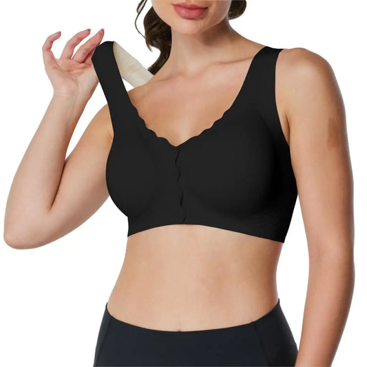 TOYVTOO Wireless Support Bras for Older Women Front Closure Lift No Underwire Comfortable Seamless Black