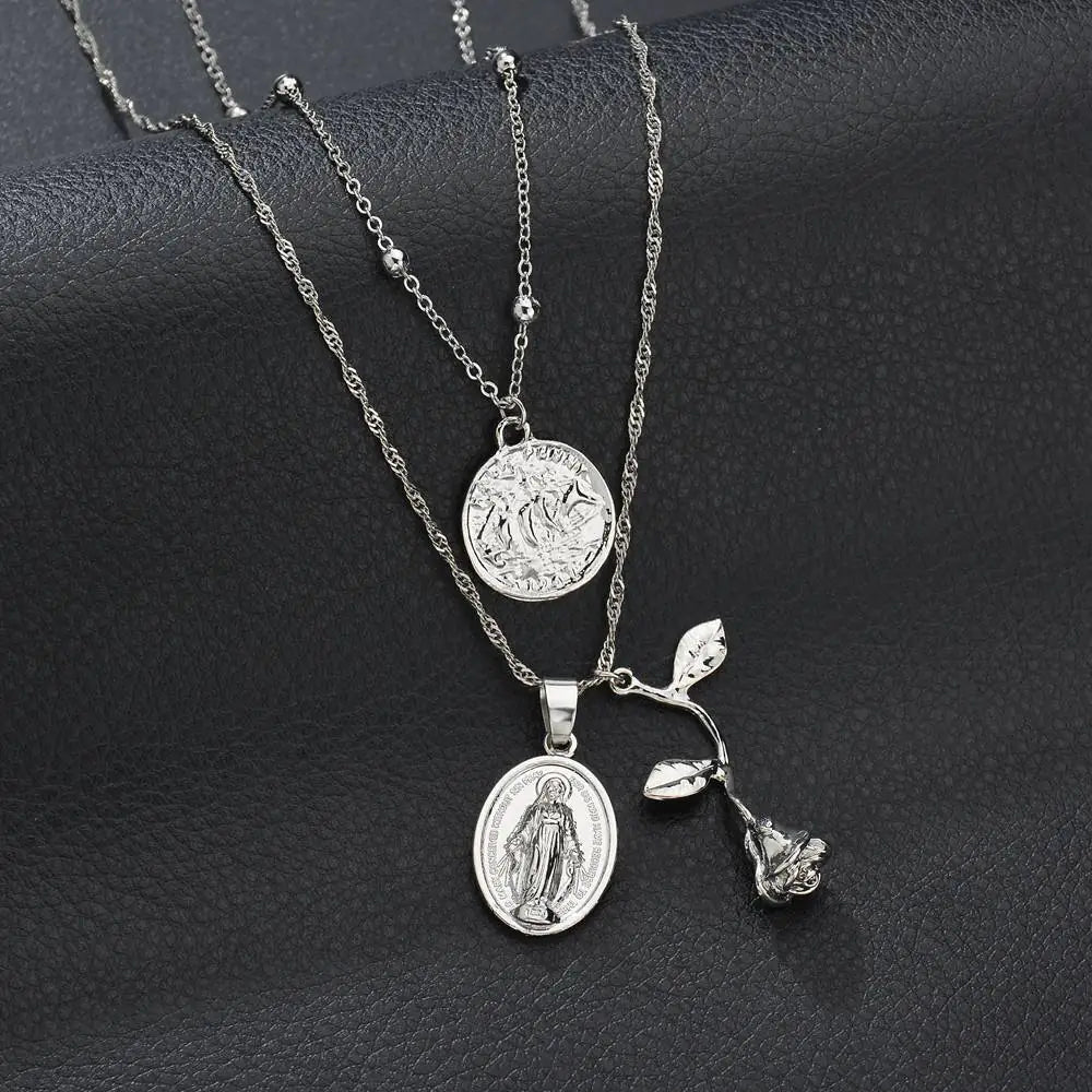 Vintage Geometric Rose Jesus Pendant Necklace for Women