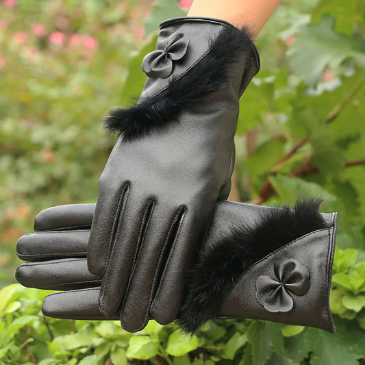 Women's Bow Tie Faux Leather Touchscreen Gloves