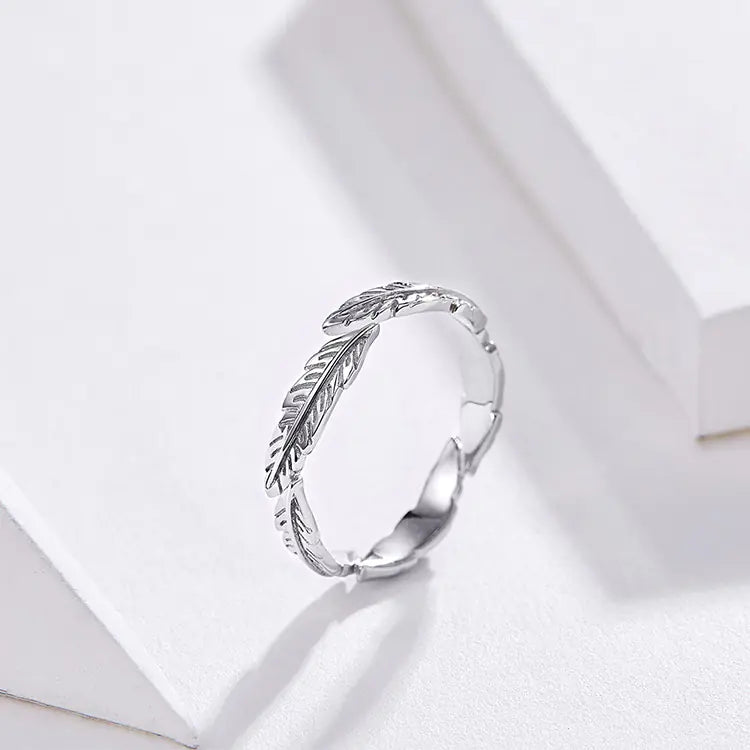 White Feather Open Ring, S925 Sterling Silver Ring