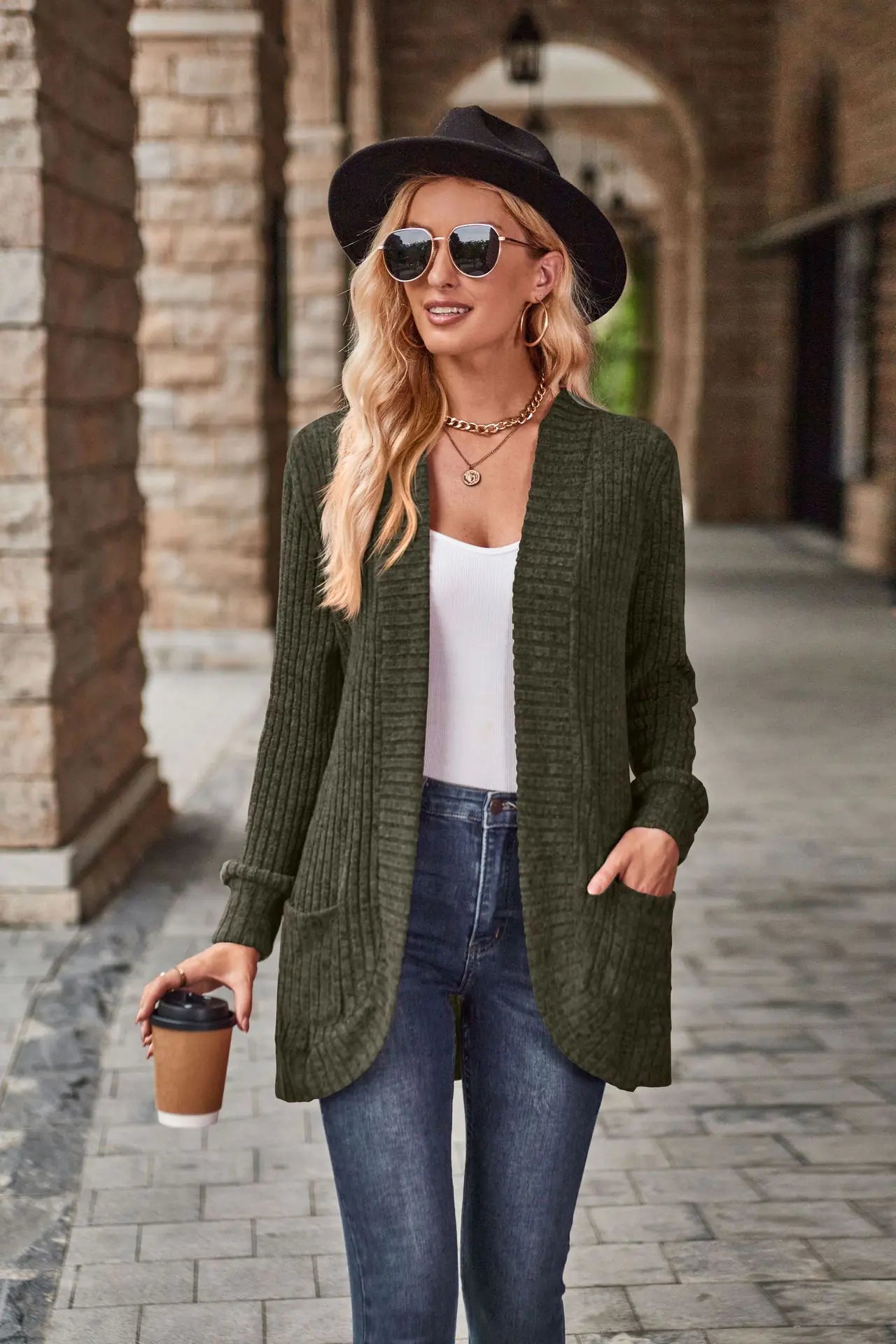 2023 Autumn New Solid Color Striped Long Sleeve Cardigan