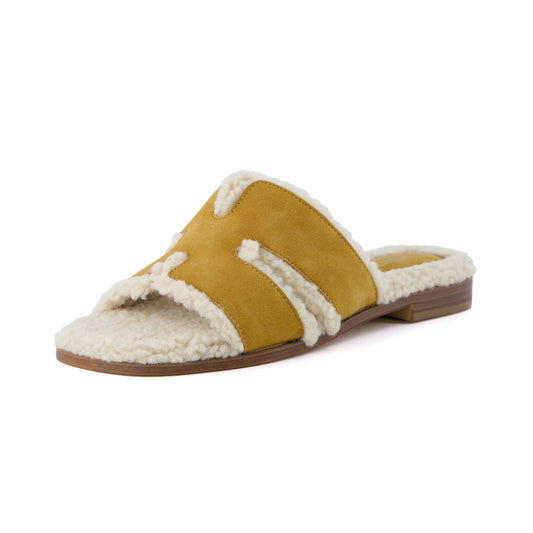 CUSHIONAIRE Womens Voyage Fur Faux Shearling lined slide sandal +Memory Foam Wide Widths Available Tan 8.5