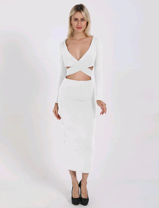 Sexy V-Neck Hollow Out Long Sleeve Bodycon Dress