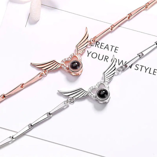 S925 Sterling Silver Angel Wings Projection Bracelet – Heart Charm with Custom Photo or Message