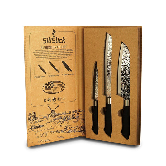 3-Piece Kitchen Knife Set – Embossed Hammered Blades | Santoku, Bread & Utility
