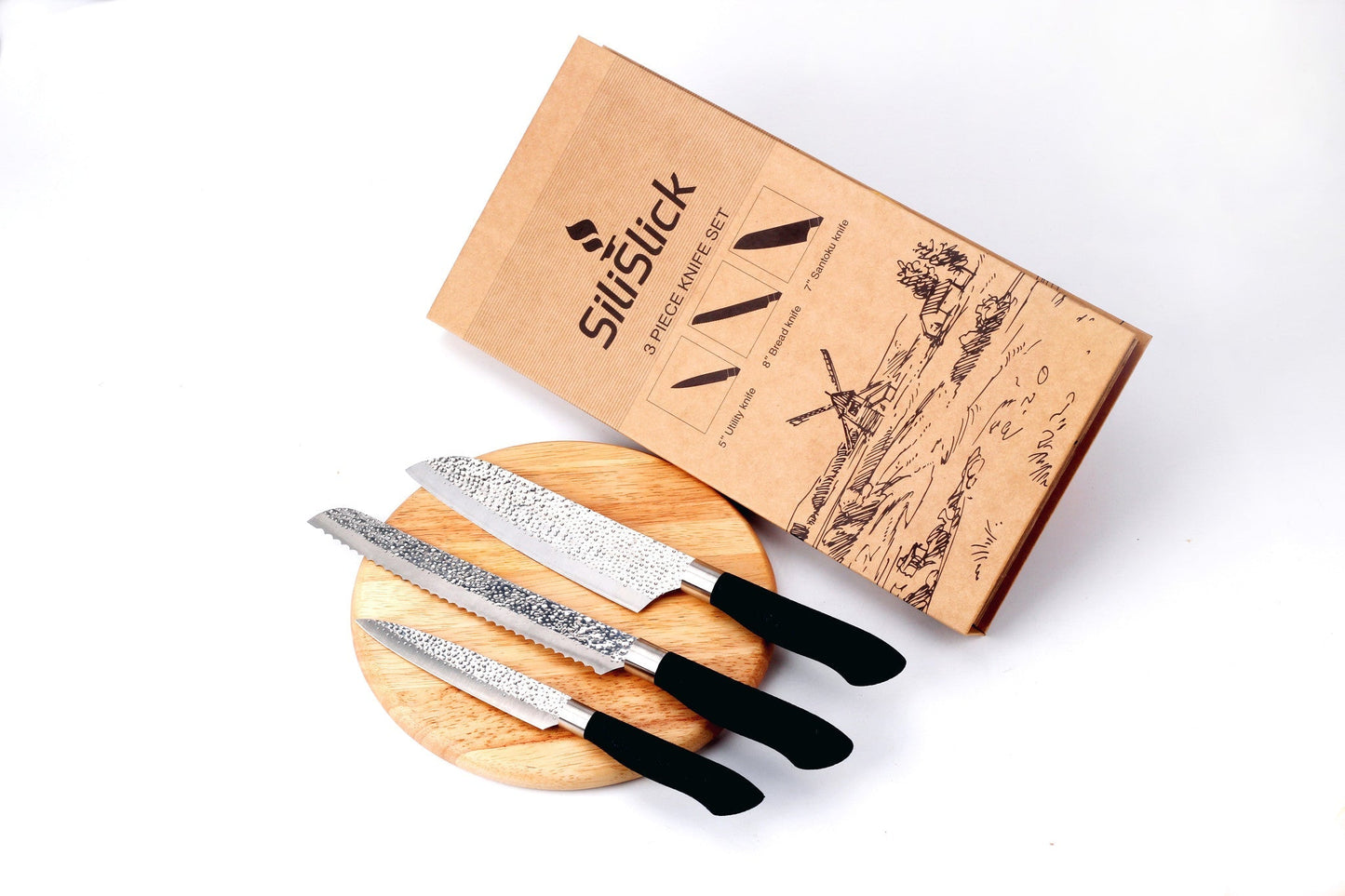 3-Piece Kitchen Knife Set – Embossed Hammered Blades | Santoku, Bread & Utility