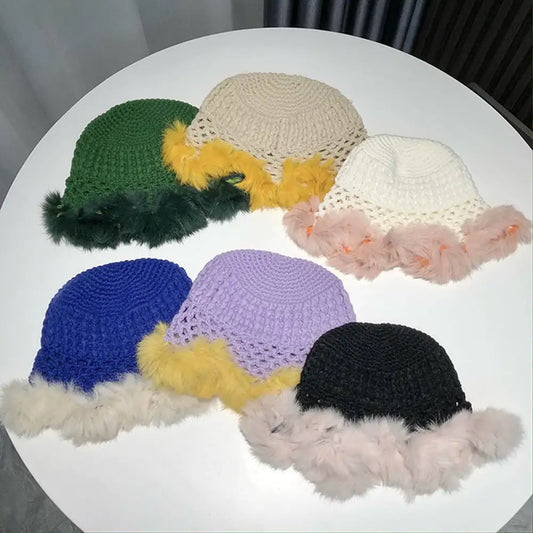 Hollow Knitted Women's Fisherman Rabbit Fur Hat