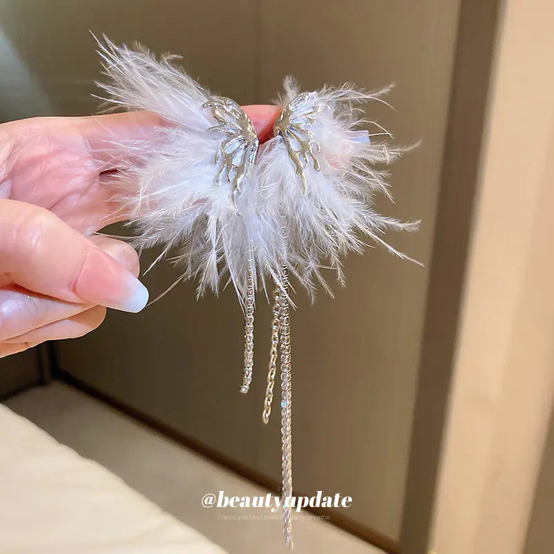 Asymmetrical Silver Needle Feather Butterfly Earrings