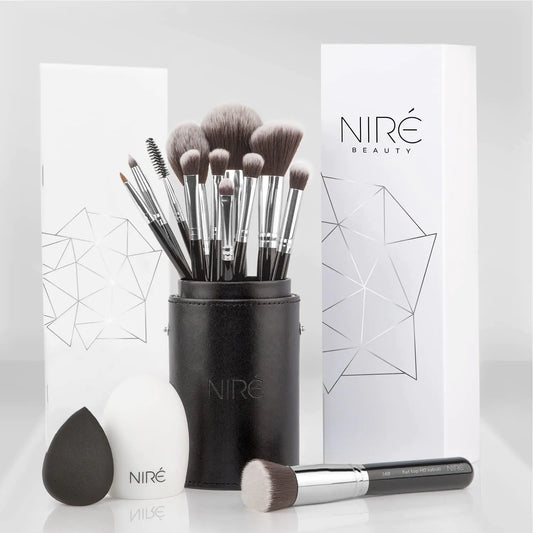 Niré Beauty 15piece Award Winning Professional Makeup Brush Set: Vegan Makeup Brushes with Case Makeup Sponge Brush Cleaner Guide Gift Box