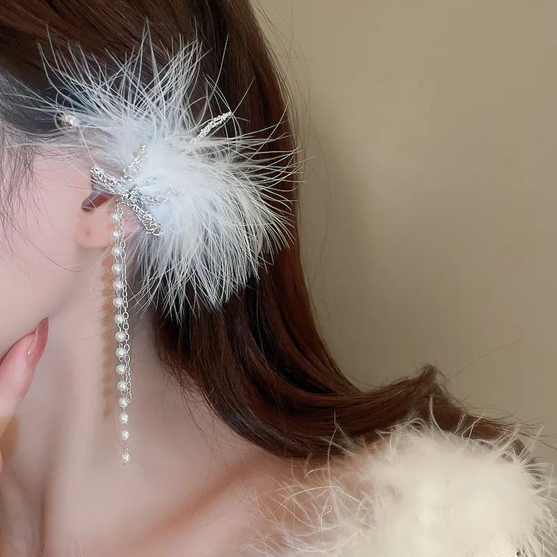 Asymmetrical Silver Needle Feather Butterfly Earrings
