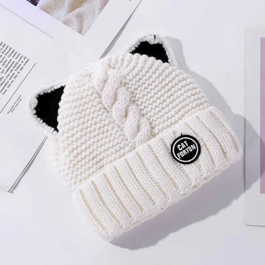 Cute Fleece Lined Woolen Cat Ears Cap for Women