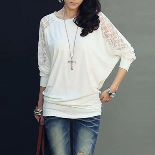 Casual Batwing Long Sleeve Lace T-shirt for Women