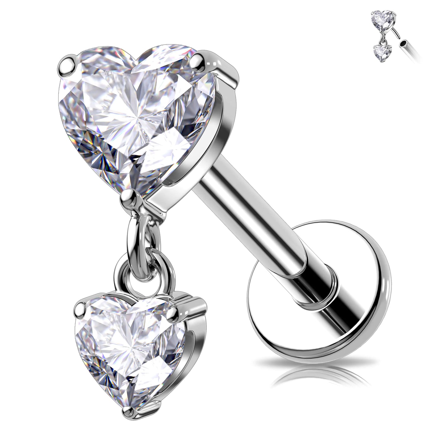 Melighting 16G Threaded Earring Titanium G23 Dangle Cartilage Earring Heart Threadless Push in Flat Back Earring Clear CZ Helix Earring Labret Tragus Stud for Women 8 mm