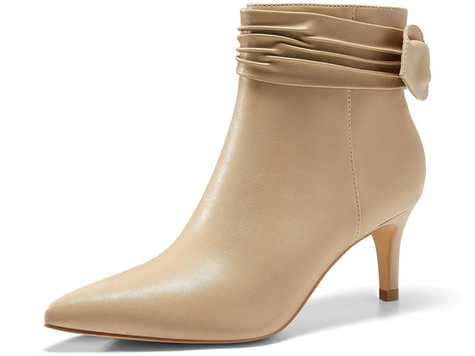 Women’s Kitten Heel Ankle Boots – Bow Pointed Toe Side Zipper Khaki Booties