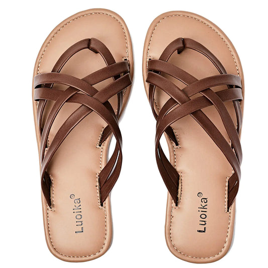 Luoika Womens Wide Width Flat Sandals Flip Flop Slides Sandal Casual Strapy Sandal Slip on Summer Beach Shoes for Women.Brown1901027XW