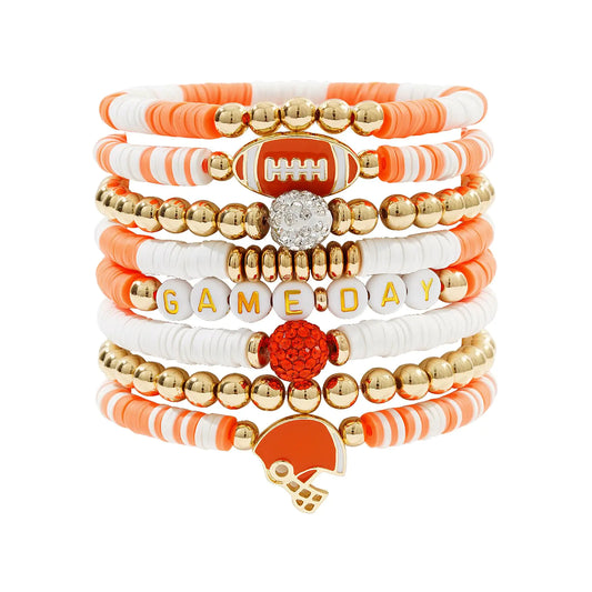 GOOTII Game Day Bracelets for Women Football Bracelets Orange Heishi Clay Beaded Stretch Bracelets Stackable Sports Football Charm Bracelet Bangles Football Accessories Outfits Jewelry Gifts