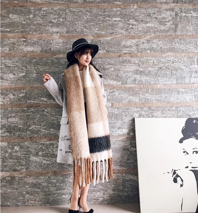 Thick Color-Block Scarf, Faux Cashmere Shawl for Women
