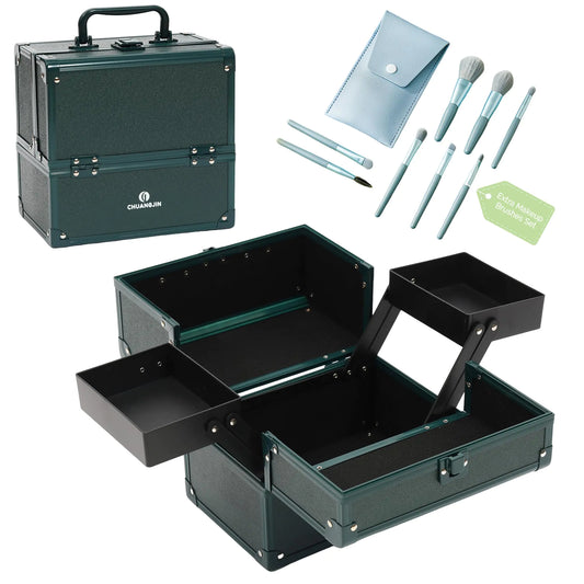 CHUANGJIN Makeup Train Case 2 Trays Makeup Box Organizer Portable Travel Makeup Case Lockable Makeup Storage Organizer Cosmetic Box for Jewelry Nail Tech Brushes Accessories ToolGreen Pro