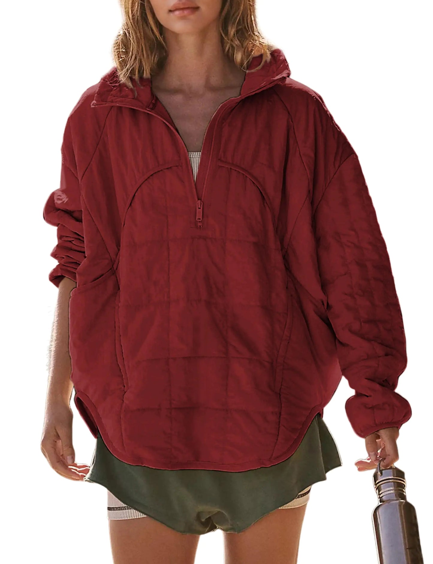 Daacee 2024 Oversized Lightweight Quilted Pullover Jacket for Women Casual Half Zip Up Puffer Jackets Padded Outwear with 4 Pockets(0760-Red-M)