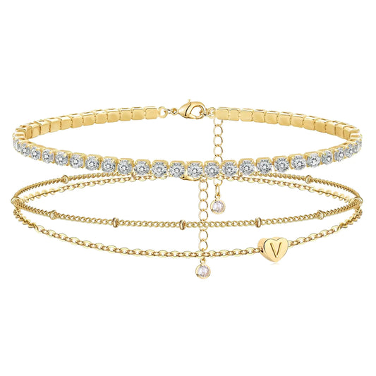 YANODA Gold Initial Bracelets for Women 14K Gold Plated Bracelet Sets Trendy Gold Bracelet Stack Dainty Heart Letter Initial Bracelets Adjustable Tennis Bracelets Personalized Jewelry for Women
